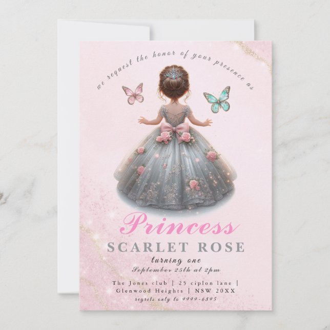 Pink silver princess gown Fairytale birthday party Invitation (Front)