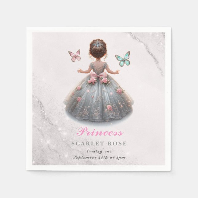 Pink silver princess gown Fairytale birthday party Napkins (Front)