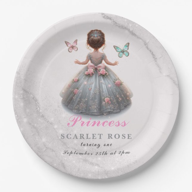 Pink silver princess gown Fairytale birthday party Paper Plates (Front)