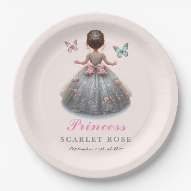 Pink silver princess gown Fairytale birthday party Paper Plates (Front)