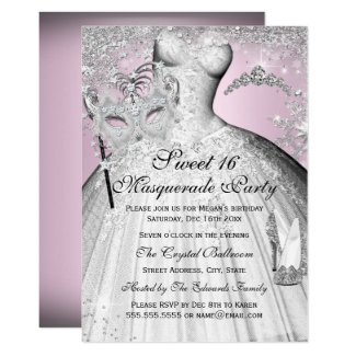 Pink Silver Princess Masquerade Sweet 16 Invite