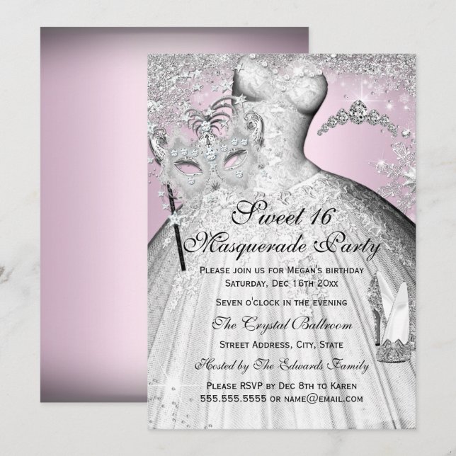 Pink Silver Princess Masquerade Sweet 16 Invite (Front/Back)