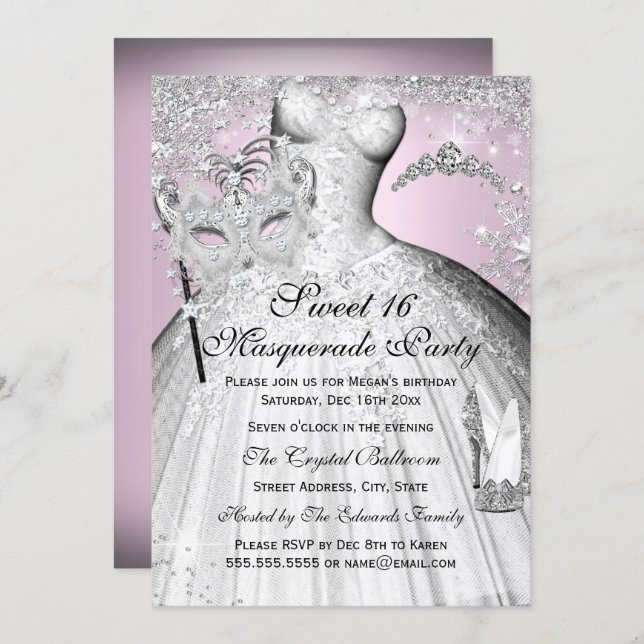 Pink Silver Princess Masquerade Sweet 16 Invite (Front/Back)