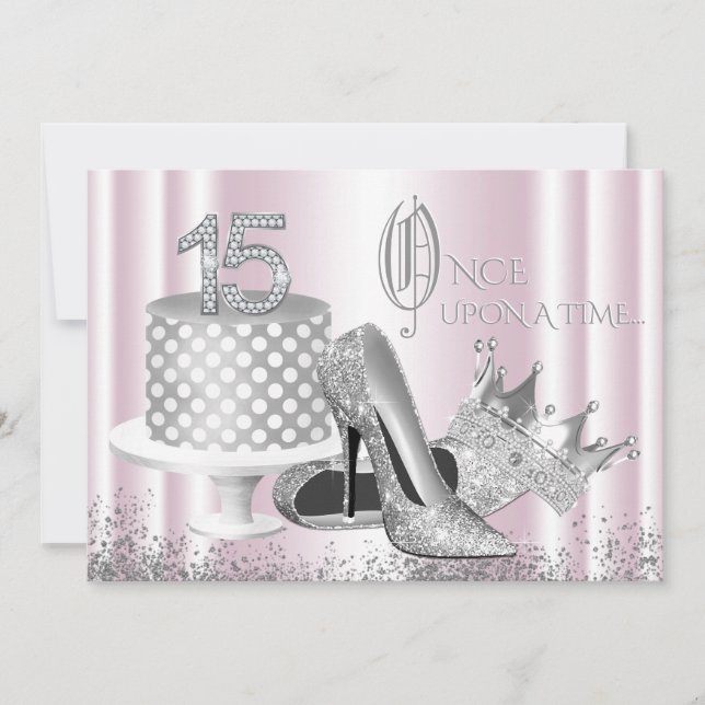 Pink Silver Princess Quinceanera Invitation (Front)