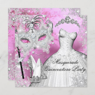Pink Silver Princess Quinceanera Masquerade Invitation