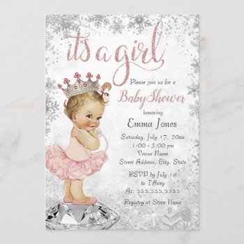 Pink Silver Princess Snowflake Girl Baby Shower Invitation by LittleBayleigh at Zazzle