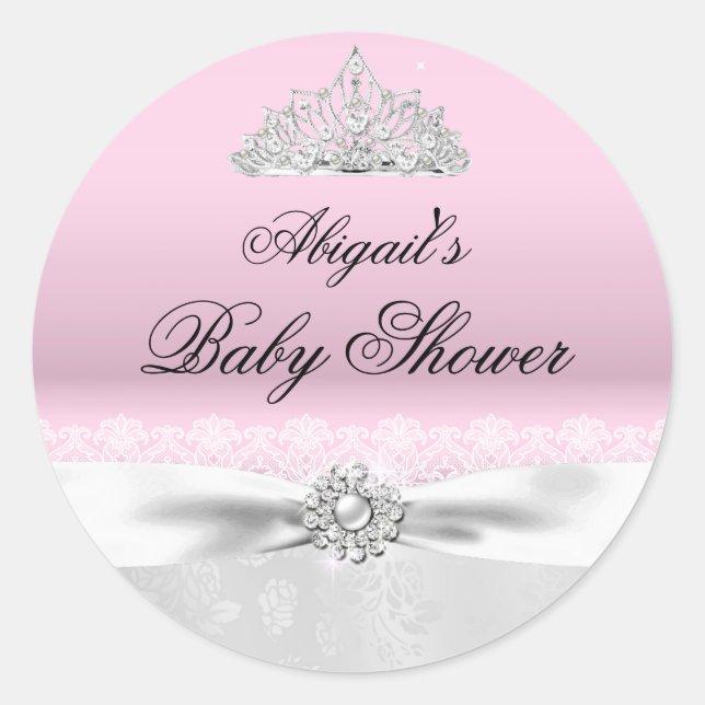 Pink & Silver Princess Tiara Baby Shower Sticker (Front)