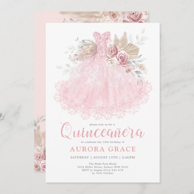 Pink Silver Quinceañera Dress Mis Quince 15 Años Invitation (Front/Back)