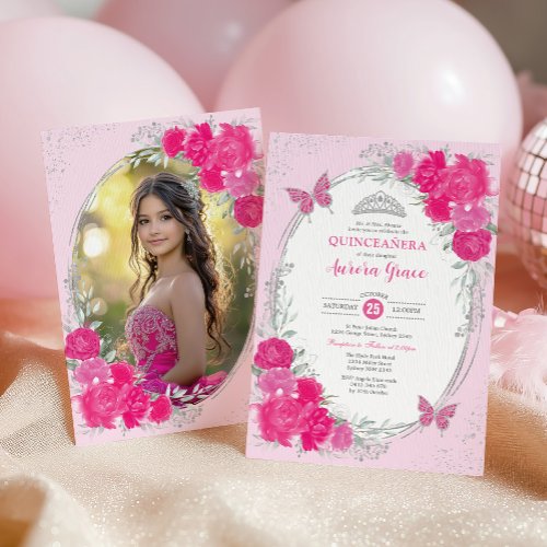Pink Silver Quincea&#241;era Flower 15th Birthday Photo Invitation