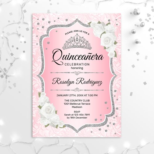 Pink Silver Quinceanera Invitation