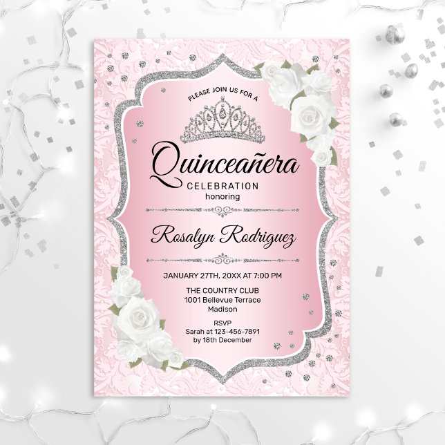 Pink Silver Quinceanera Invitation
