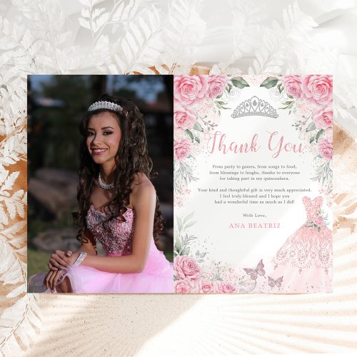 Pink Silver Quinceaera Princess Thank You Card