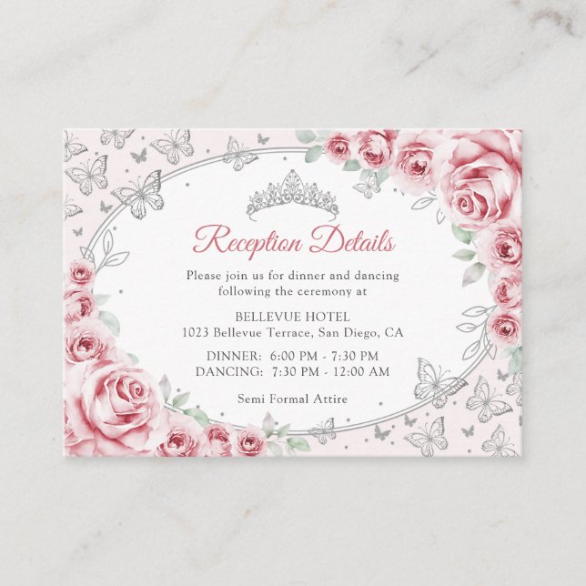 Pink Silver Quinceanera Reception Details Enclosure Card (Front)