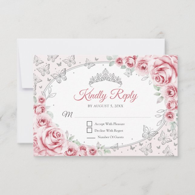 Pink Silver Quinceanera Reply RSVP Card (Front)