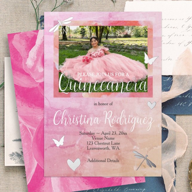 Pink & Silver Quinceanera Roses Invitation Foil Invitation (pink rose quinceanera invitation with silver foil butterflies, dragonflies, hearts, calligraphy)