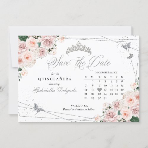 Pink  Silver Quinceaera Save The Date Invitation