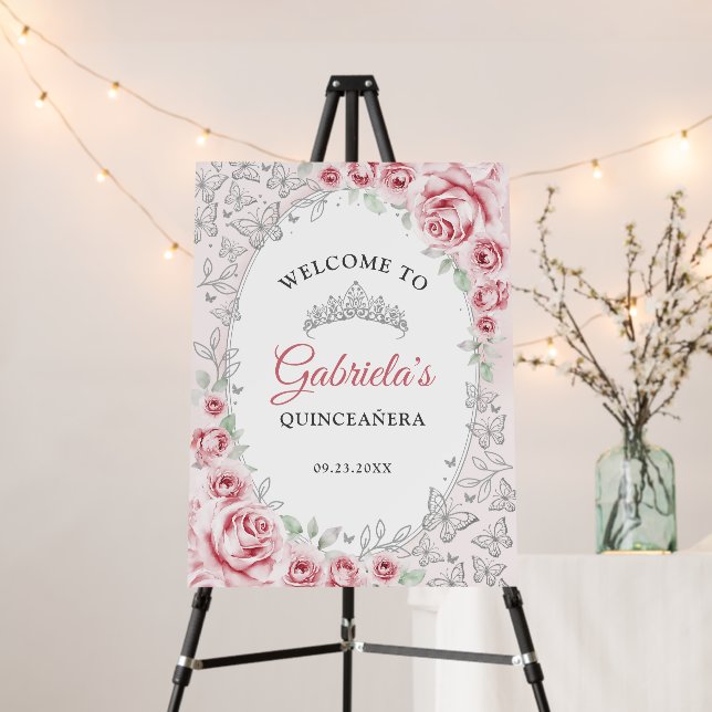Pink Silver Quinceanera Welcome Foam Board (In Situ (Stand))
