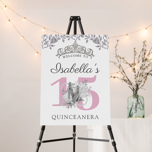 Pink Silver Quinceanera Welcome Foam Board (In Situ (Stand))