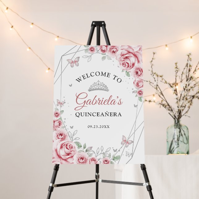 Pink Silver Quinceanera Welcome Foam Board (In Situ (Stand))