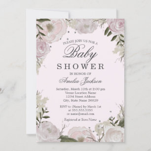 Pink Silver Rose Floral Baby Shower Invitation
