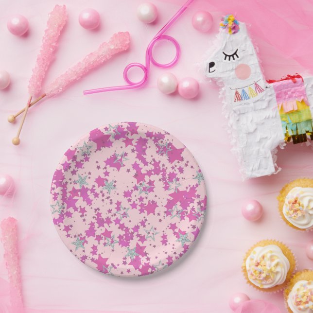 Pink silver rose stars paper plates (Party)