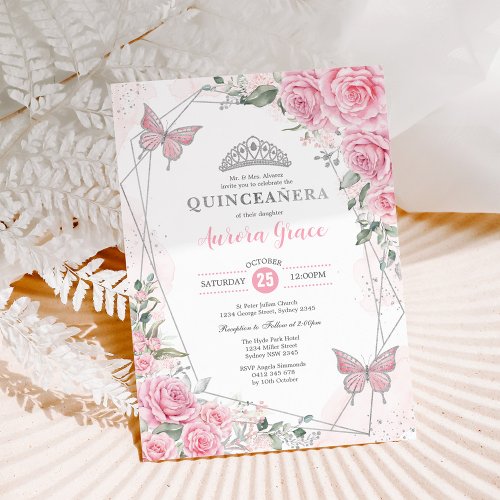 Pink Silver Roses Butterfly Quincea&#241;era Birthday Invitation