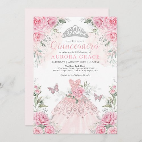 Pink Silver Roses Princess Crown Quinceaera Invitation