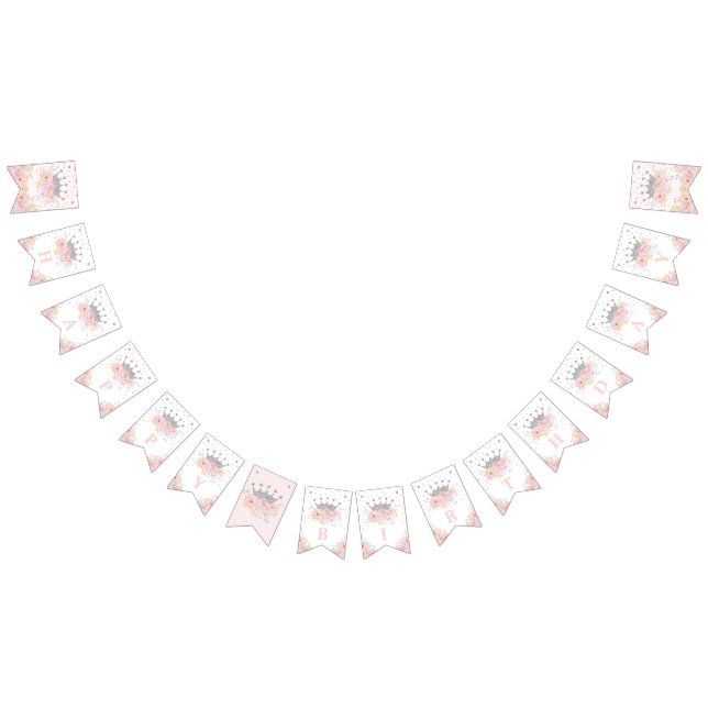 Pink Silver Royal Crown Princess Happy Birthday Bunting Flags (All)