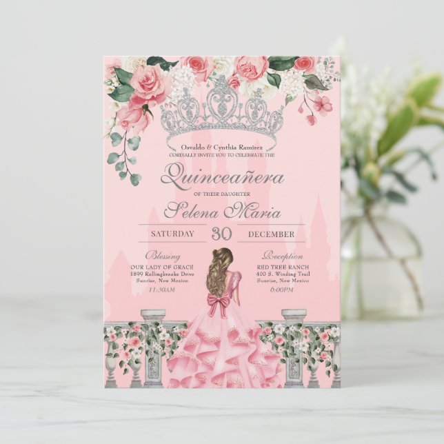Pink & Silver Royal Princess Quinceanera Invitation (Standing Front)