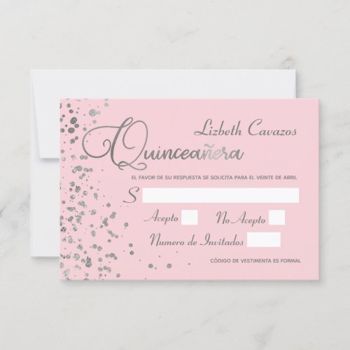 Pink Silver RSVP Quinceanera Spanish Response Card