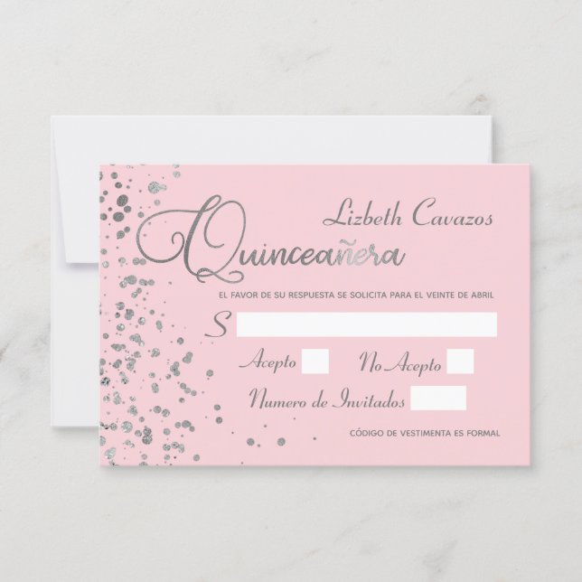 Pink Silver RSVP Quinceanera Spanish Response Card (Front)