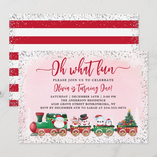 Pink Silver Santa Claus Christmas Train Birthday Invitation (Front/Back)