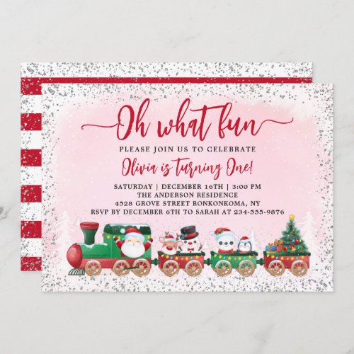 Pink Silver Santa Claus Christmas Train Birthday Invitation