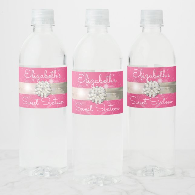 Pink Silver Satin Ribbon Pearls I Diamonds Water Bottle Label (Bottles)