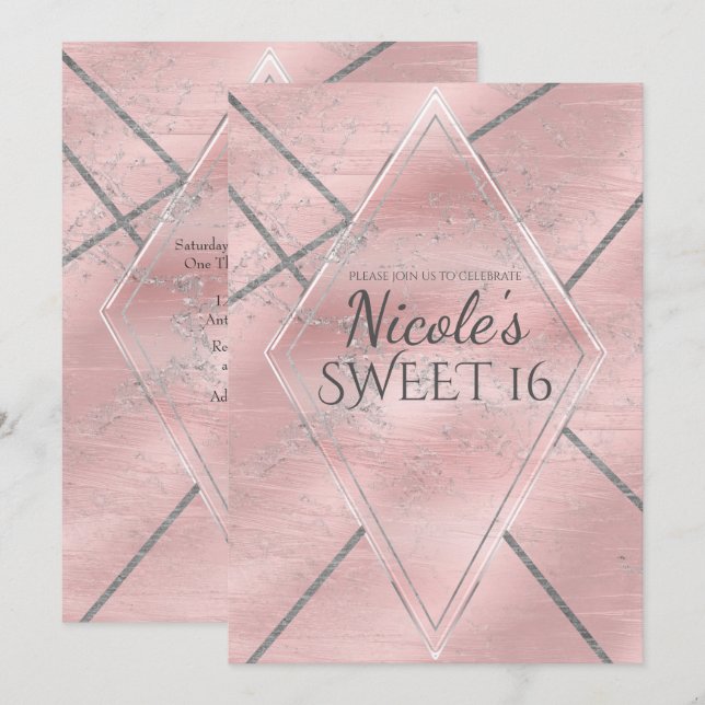 Pink & Silver Satin Sparkle Glam Sweet 16 Party Invitation (Front/Back)