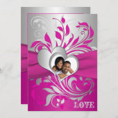 Pink, Silver Scrolls, Hearts Photo Wedding Invite (Front/Back)