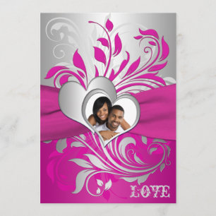 Pink, Silver Scrolls, Hearts Photo Wedding Invite
