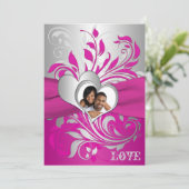 Pink, Silver Scrolls, Hearts Photo Wedding Invite (Standing Front)