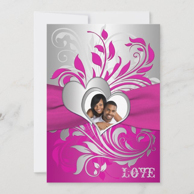 Pink, Silver Scrolls, Hearts Photo Wedding Invite (Front)
