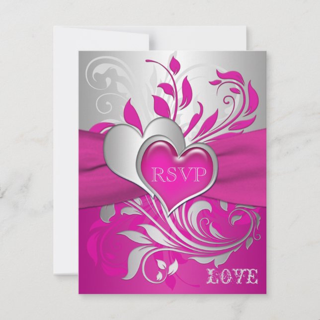 Pink, Silver Scrolls, Hearts RSVP Card (Front)
