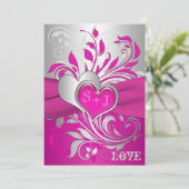 Pink, Silver Scrolls, Hearts Wedding Invitation (Standing Front)