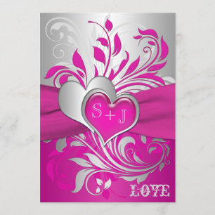 Pink, Silver Scrolls, Hearts Wedding Invitation
