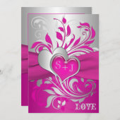 Pink, Silver Scrolls, Hearts Wedding Invitation (Front/Back)