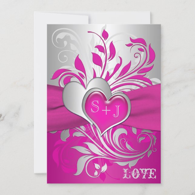 Pink, Silver Scrolls, Hearts Wedding Invitation (Front)