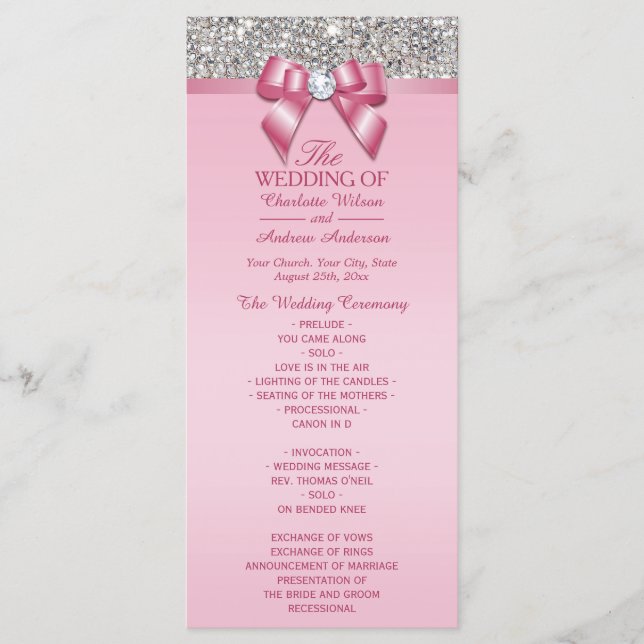 Pink Silver Sequin Diamond Bow Wedding Program (Front)