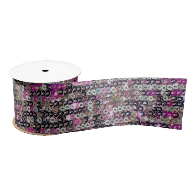 Pink silver sequins glitter sparkle pattern    satin ribbon (Spool)