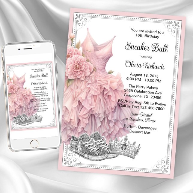 Pink Silver Sneaker Ball Birthday Party  Invitation (Pink silver sneaker ball invitation. Instant download and printed invitations available.)