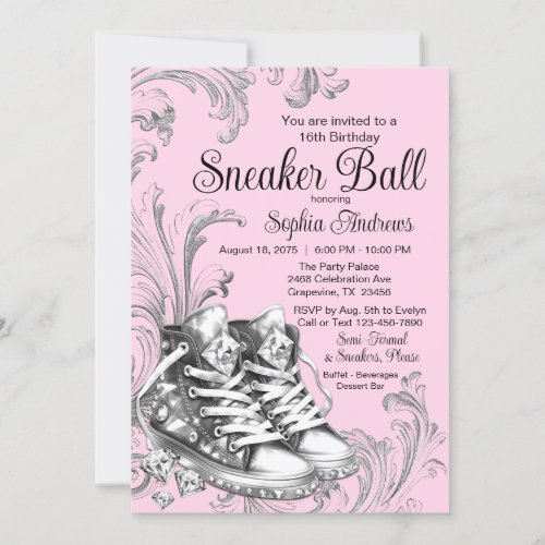 Pink Silver Sneaker Ball  Invitation