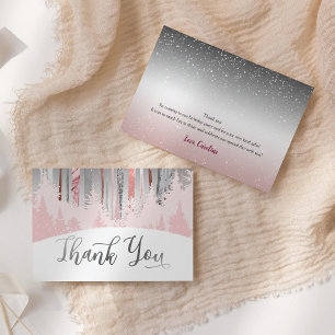 Pink Silver Snow Wood Winter Trees 1st Birthday Thank You Card