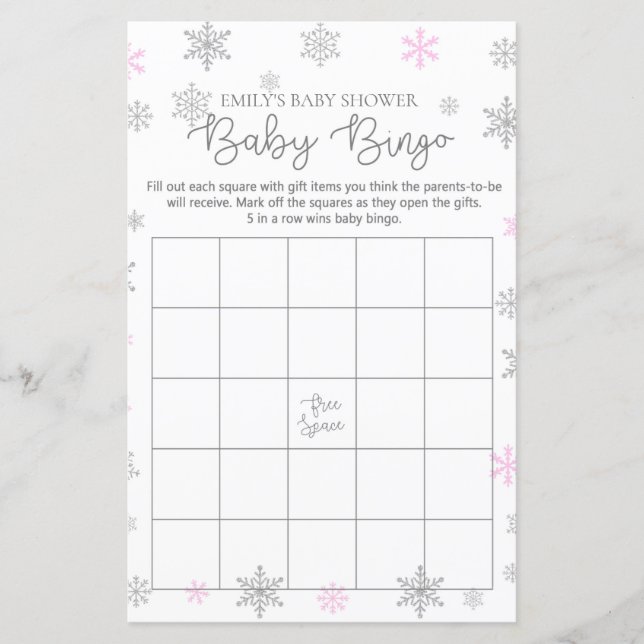 Pink Silver Snowflake Baby Shower Game PRINTED (Front)